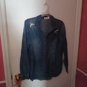 Time and Tru Blue Button Down Shirt with Embroidery